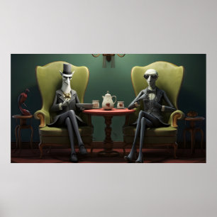 Eigenaardige enge verwrongen thee drinkende heren poster