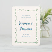 Eigenzinnig Blauw Hand Getrokken Golvende Squiggle Save The Date (Staand voorkant)