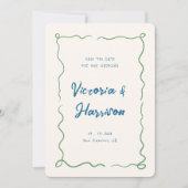 Eigenzinnig Blauw Hand Getrokken Golvende Squiggle Save The Date (Voorkant)