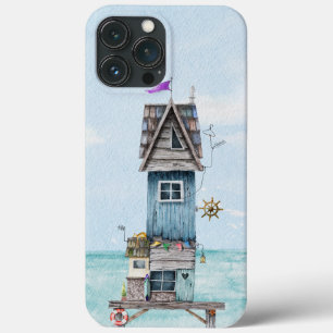 Eigenzinnige blauw waterverf strand hut huisje iPhone 13 pro max hoesje