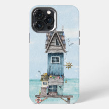 Eigenzinnige blauw waterverf strand hut huisje