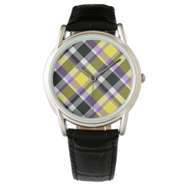 Eigenzinnige eclectische Boho Nonbinary Plaid Prid Horloge (Voorkant)