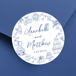Eigenzinnige Hand Getrokken Blauw Whimsical Weddin Ronde Sticker