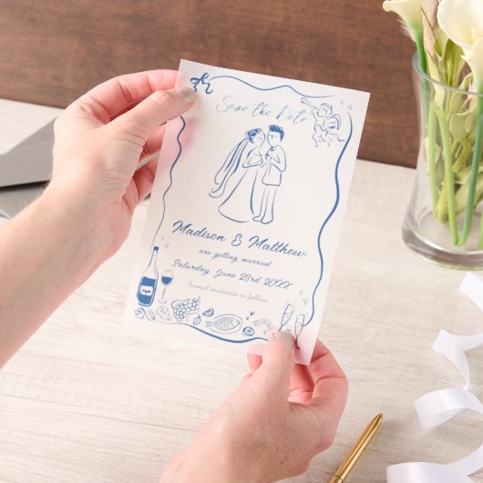 Eigenzinnige Hand Getrokken Doodles Wedding Save t Vellum Uitnodigingen (Draagbaar)