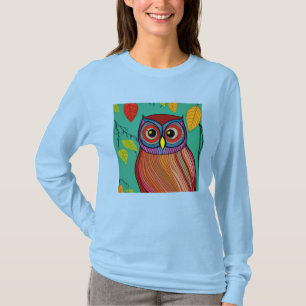 Eigenzinnige Kleurrijke Folk Art Abstracte Uil T-shirt
