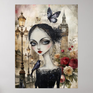Eigenzinnige Victoriaans Gothic Girl & Florals Lon Poster