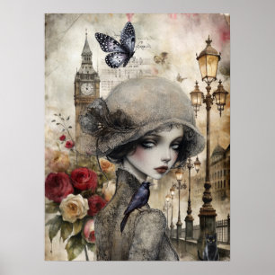 Eigenzinnige Victoriaans Gothic Girl & Florals Lon Poster