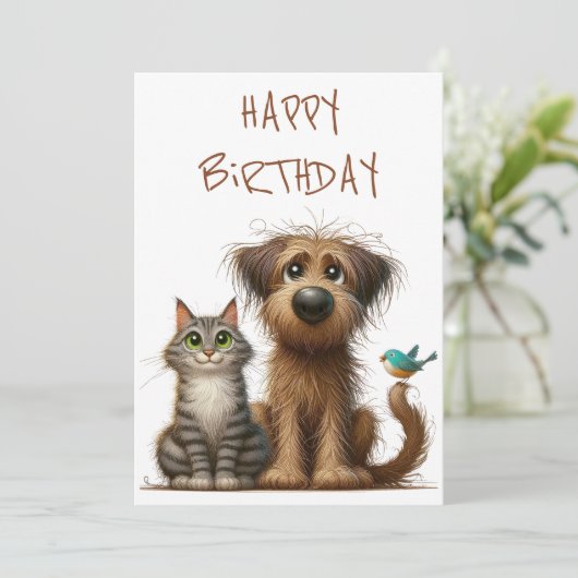 Eigenzinnige vriendschap tussen hond en kat feestdagenkaart (Staand voorkant)