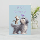 Eigenzinnige vriendschap tussen hond, kat en vogel feestdagenkaart (Staand voorkant)