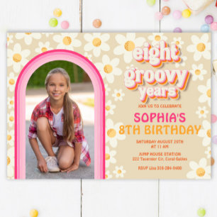 Eight Groovy Retro Daisy Photo Birthday Invitation Notitiekaartje
