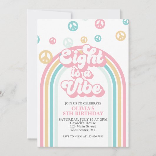 Eight is a Vibe Retro Zomer Regenboog Uitnodiging (Voorkant)