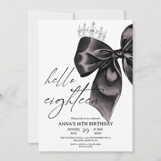 Eighteen Black Bow 18th Birthday Invitation (Devant)