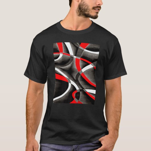 Eighties Red White Grey Line Curve Pattern On Blac T-shirt (Voorkant)