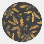Eikels en eikenbladeren op zwart ronde sticker (Voorkant)