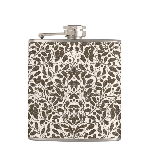 Eiken takken en bladeren, damast patroon in een br heupfles (Voorkant)