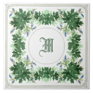 Eikenbladeren en bessen krans border monogram tegeltje