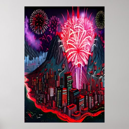 Eiland, stad en vuurwerk | AI Art Poster (Voorkant)