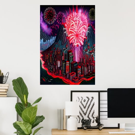 Eiland, stad en vuurwerk | AI Art Poster (Thuiskantoor)