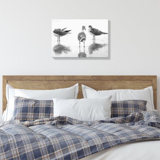 Eiland Strand Zeemeeuwen Zwart + Wit Canvas Afdruk (Insitu (Slaapkamer))