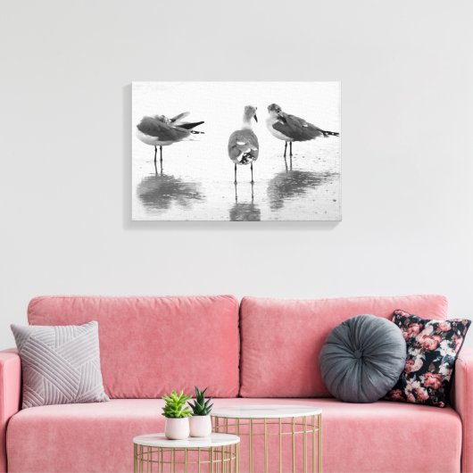 Eiland Strand Zeemeeuwen Zwart + Wit Canvas Afdruk (Insitu (Woonkamer))