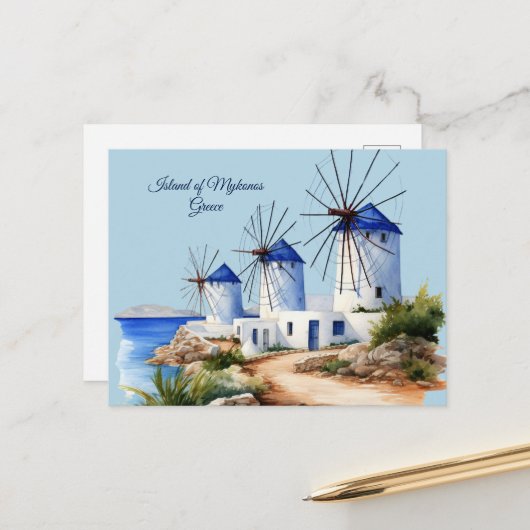 Eiland van Mykonos, Griekenland Briefkaart (Voorkant / Achterkant in situ)