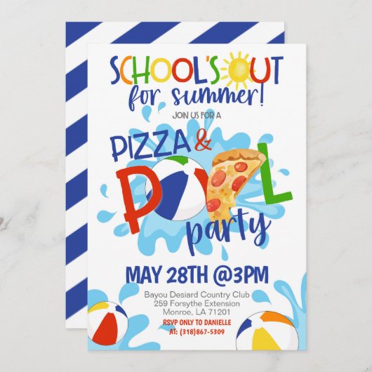 Einde School Pizza & Pool Party Uitnodiging (Voorkant / Achterkant)