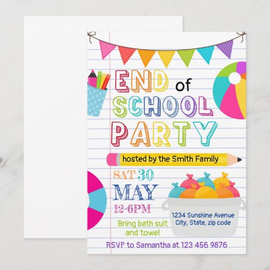 Einde van de schoolfeest bewerkbare uitnodiging, s kaart (Voorkant / Achterkant)