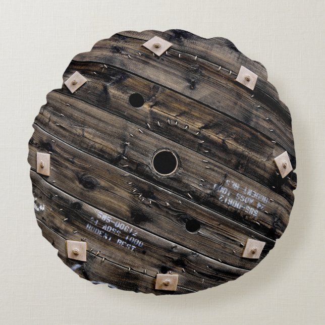 Einde van Wooden Industrial Wire Spool Rond Kussen (Voorkant)