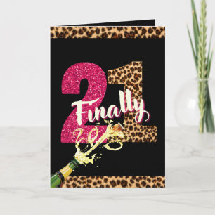 Eindelijk 21 Heet Roze Glitter Dierprint Foto Kaart