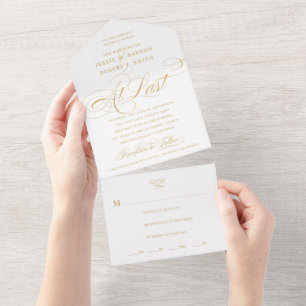 Eindelijk een gouden kalligrafie bruiloft all in one uitnodiging