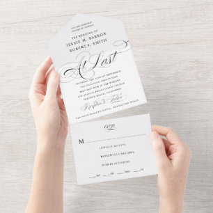 Eindelijk een zwart-wit kalligrafie bruiloft all in one uitnodiging
