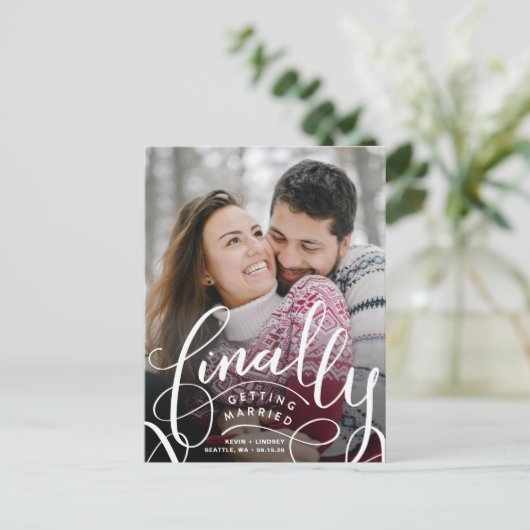 Eindelijk Gehuwd worden Opslaan Briefkaart Datum (Staand voorkant)