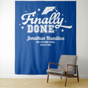 Eindelijk klaar blauwe afstudeerfeest achtergrond wandkleed