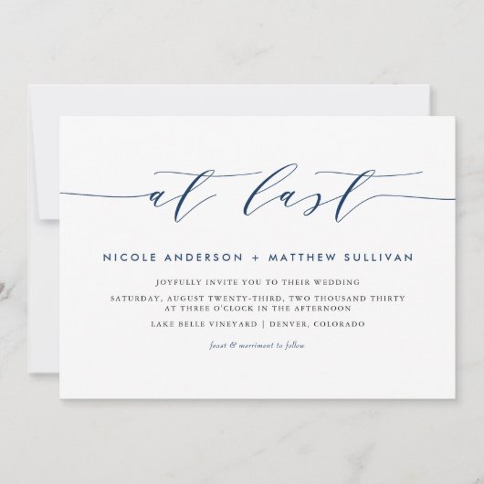 Eindelijk Navy Blue minimalistisch script bruiloft Kaart (Voorkant)