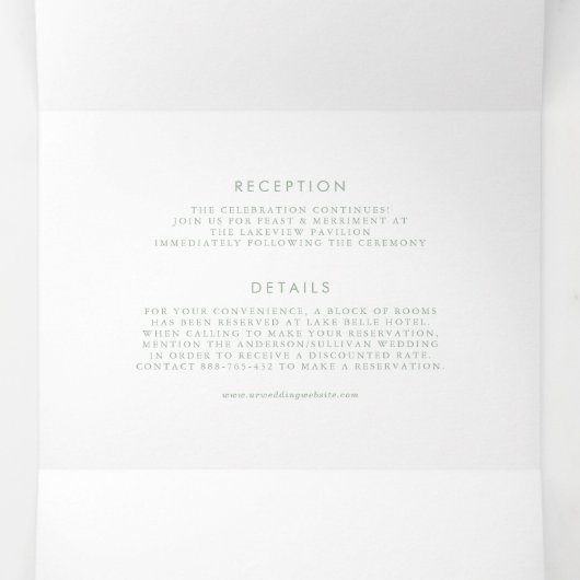 Eindelijk Sage Green minimalistisch script bruilof Drieluik Uitnodiging (Binnenkant midden)