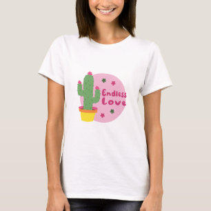 Eindeloze liefde Kawaii groene cactus met roze tek T-shirt