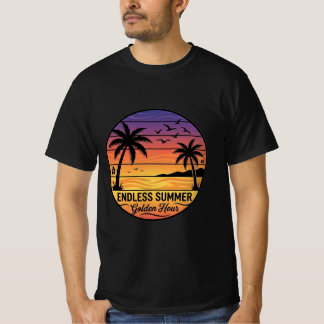 Eindeloze Zomer Retro Zonsondergang Strand Palm T- T-shirt