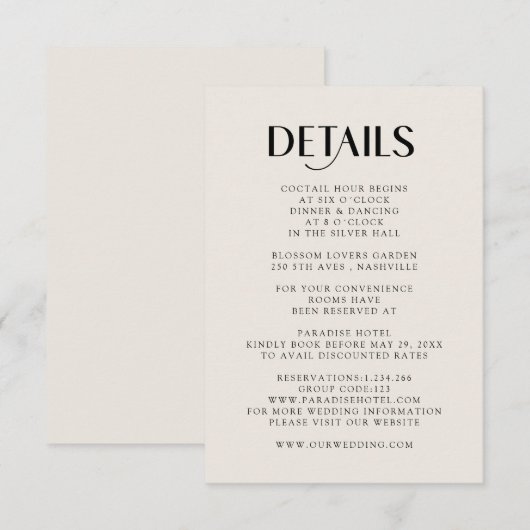 Einfache Moderne Wedding Detail RSVP Karte (Voorkant / Achterkant)