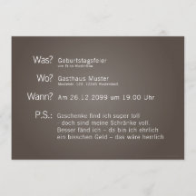 Einladungskarte mit "Was? Wann? Wo? P.S.:"-Text