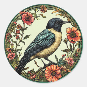Ekster Vogel Bloem Natuur Decoratie Cadeau Ronde Sticker