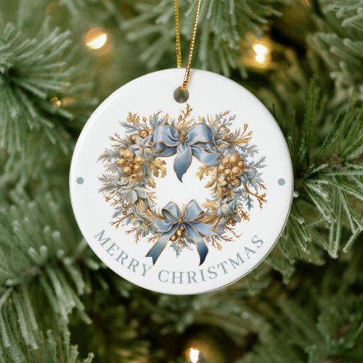 Elaborate Blue and Gold Wreath Merry Christmas Keramisch Ornament (Boom)