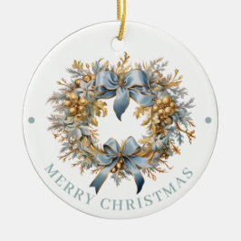Elaborate Blue and Gold Wreath Merry Christmas  Keramisch Ornament