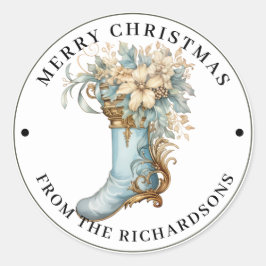 Elaborate Victorian Stocking Blue Merry Christmas  Ronde Sticker