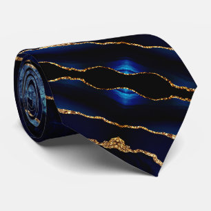 Elagant Cravate Agate Marine Bleu Marbre Or