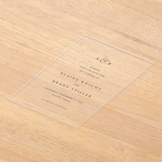 Elaine Monogram Elegante bruiloft Save the Date Acryl Uitnodigingen (Laagn)