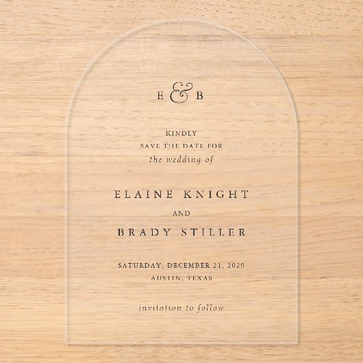 Elaine Monogram Elegante bruiloft Save the Date Acryl Uitnodigingen (Voorkant)