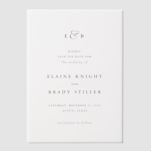 Elaine Monogram Elegante bruiloft Save the Date Vellum Uitnodigingen (Voorkant)