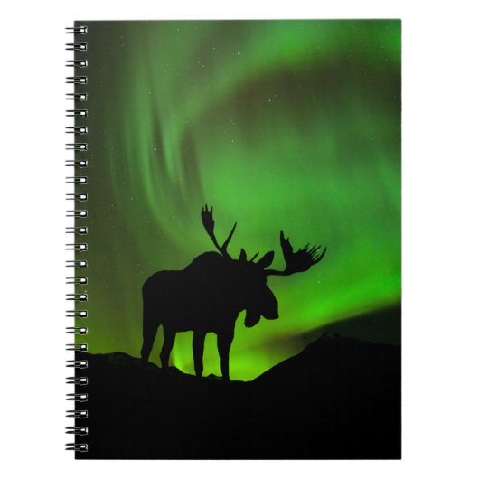 Eland met groene Aurora Borealis, Alaska Notitieboek (Voorkant)