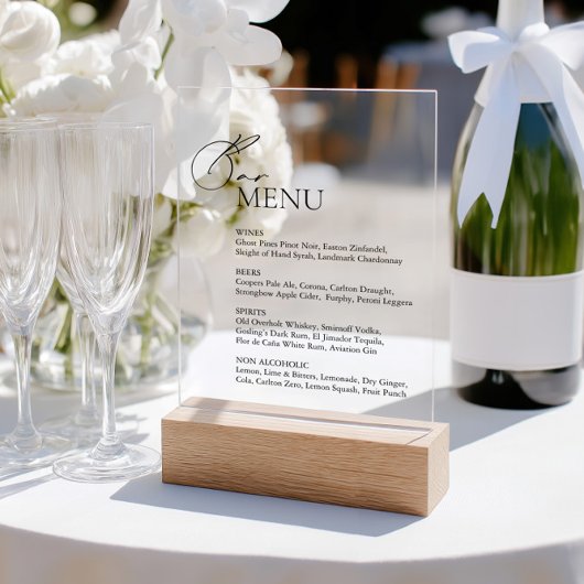 Eleagnt Modern Bar Menu Mariage Acrylique Sign