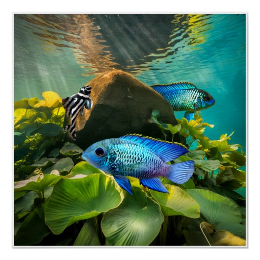 Electric Blue Acara Cichlids Zebra Pleco Fish Art Perfect Poster (Voorkant)